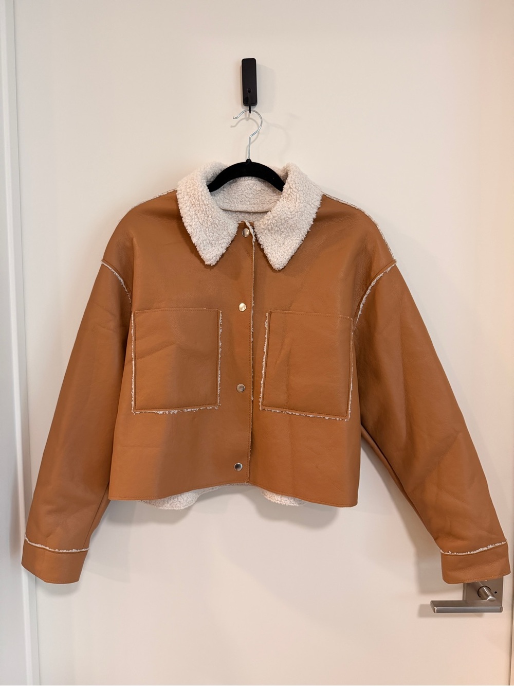 Love Tree Cropped Faux Leather Sherpa Jacket